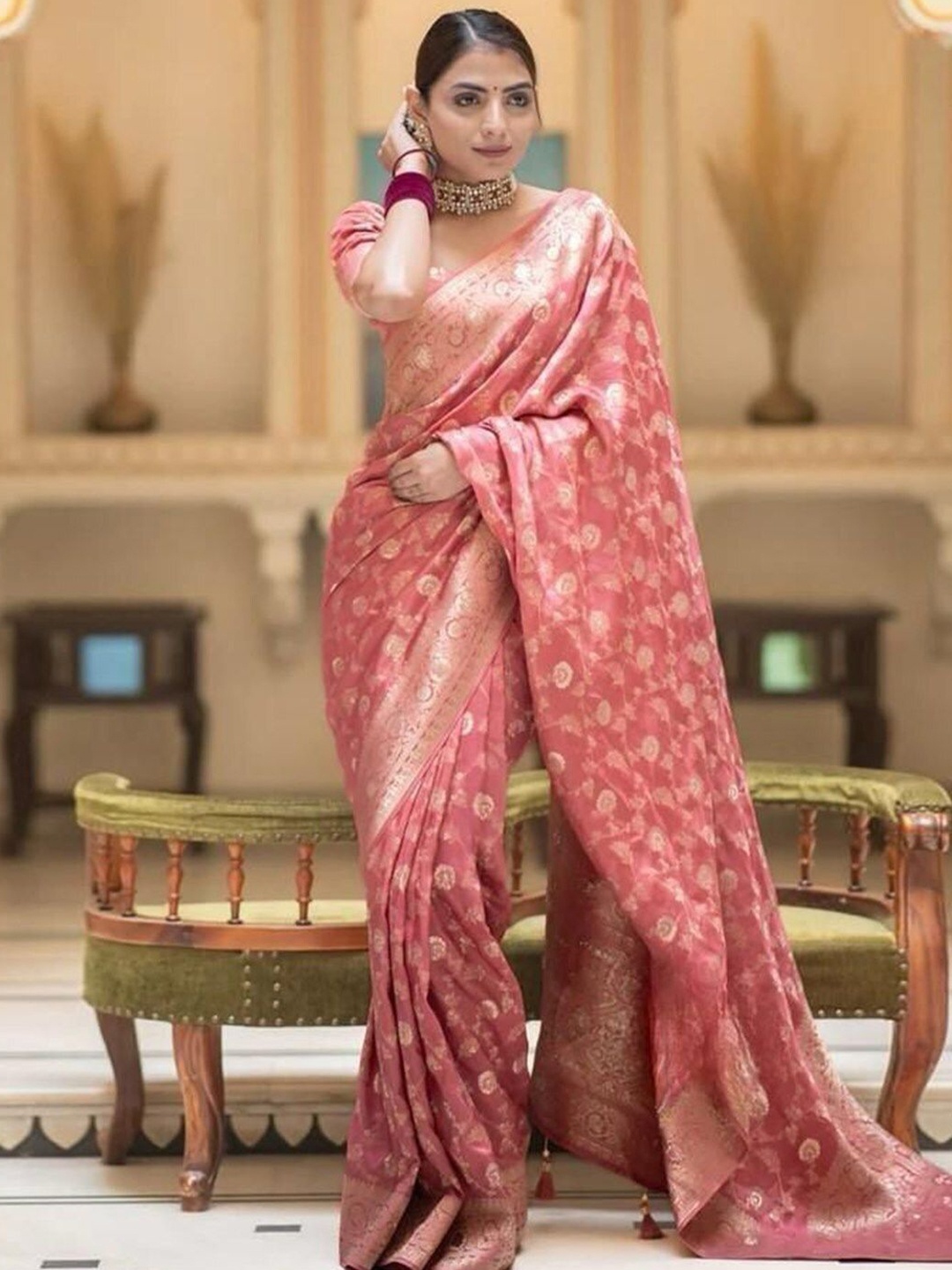 

A TO Z CART Woven Design Zari Pure Silk Banarasi Saree, Rose