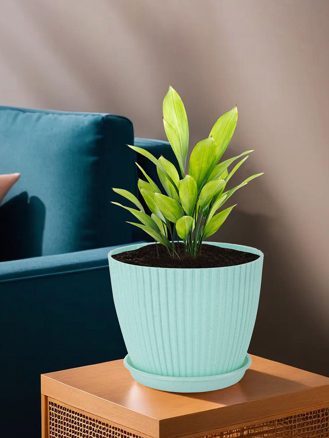 

Kuber Industries Beige & Green 4 Pieces Textured Durable Planters With Trays