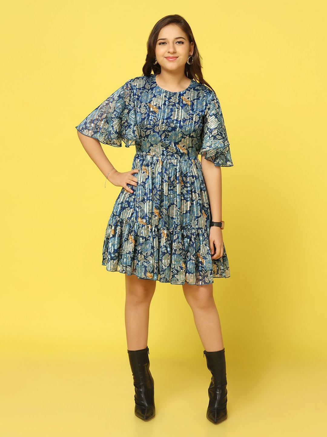 

YK Girls Floral Print Flared Sleeve Georgette Fit & Flare Flounce Hem Dress, Blue