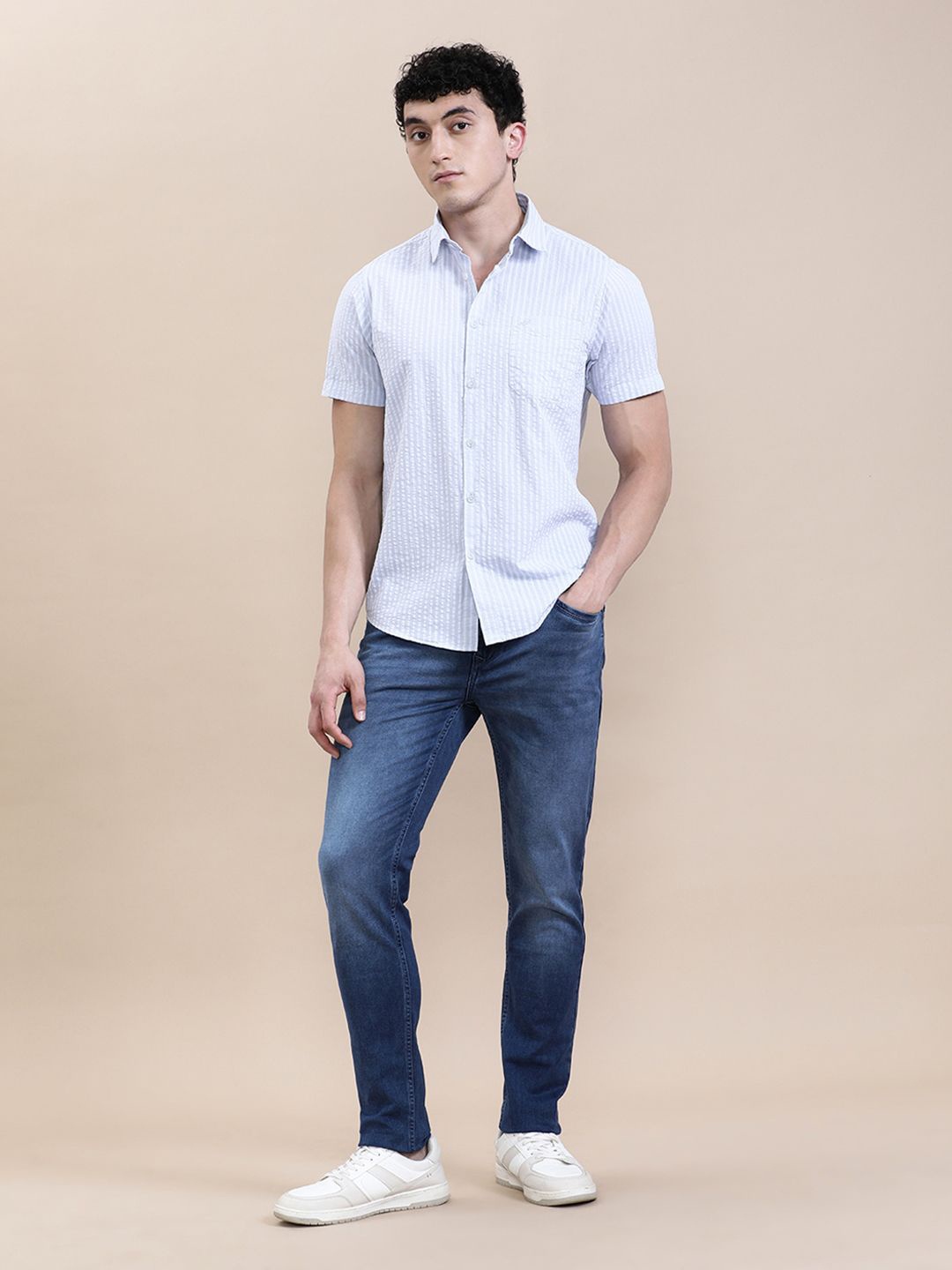 

Crocodile Men Cotton Seersucker Striped Half Sleeve Shirt, Grey