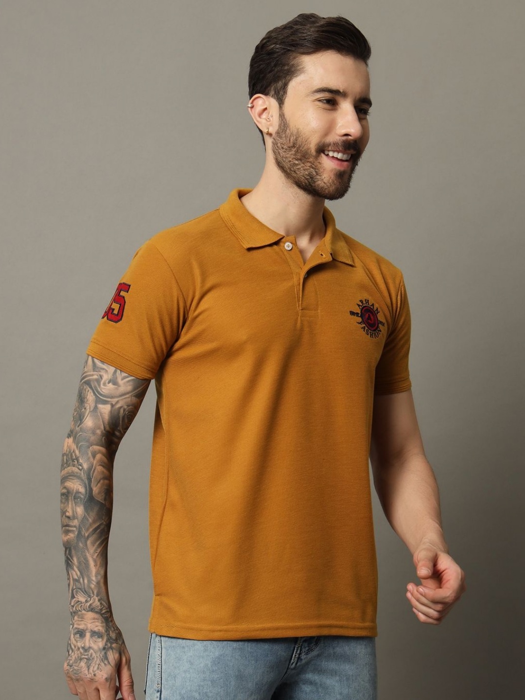 

R.ARHAN PREMIUM Men Solid Polo Collar Cotton T-shirt, Mustard