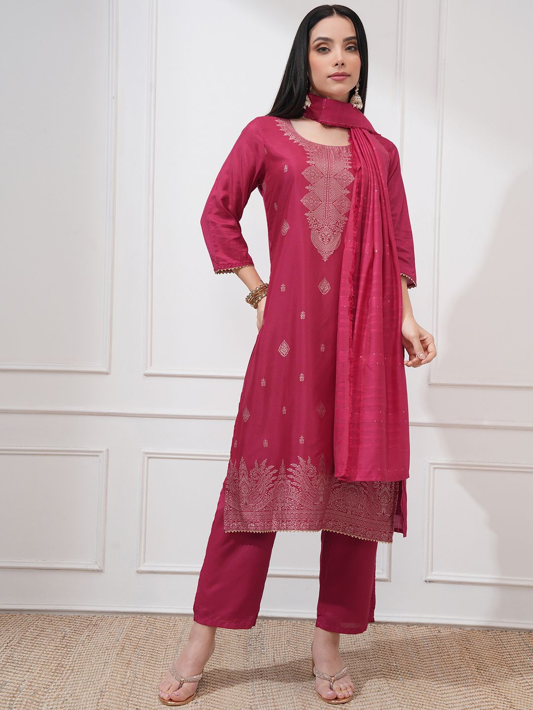 

Vishudh Ethnic Woven Design Jacquard Straight Kurta With Trouser And Dupatta, Pink