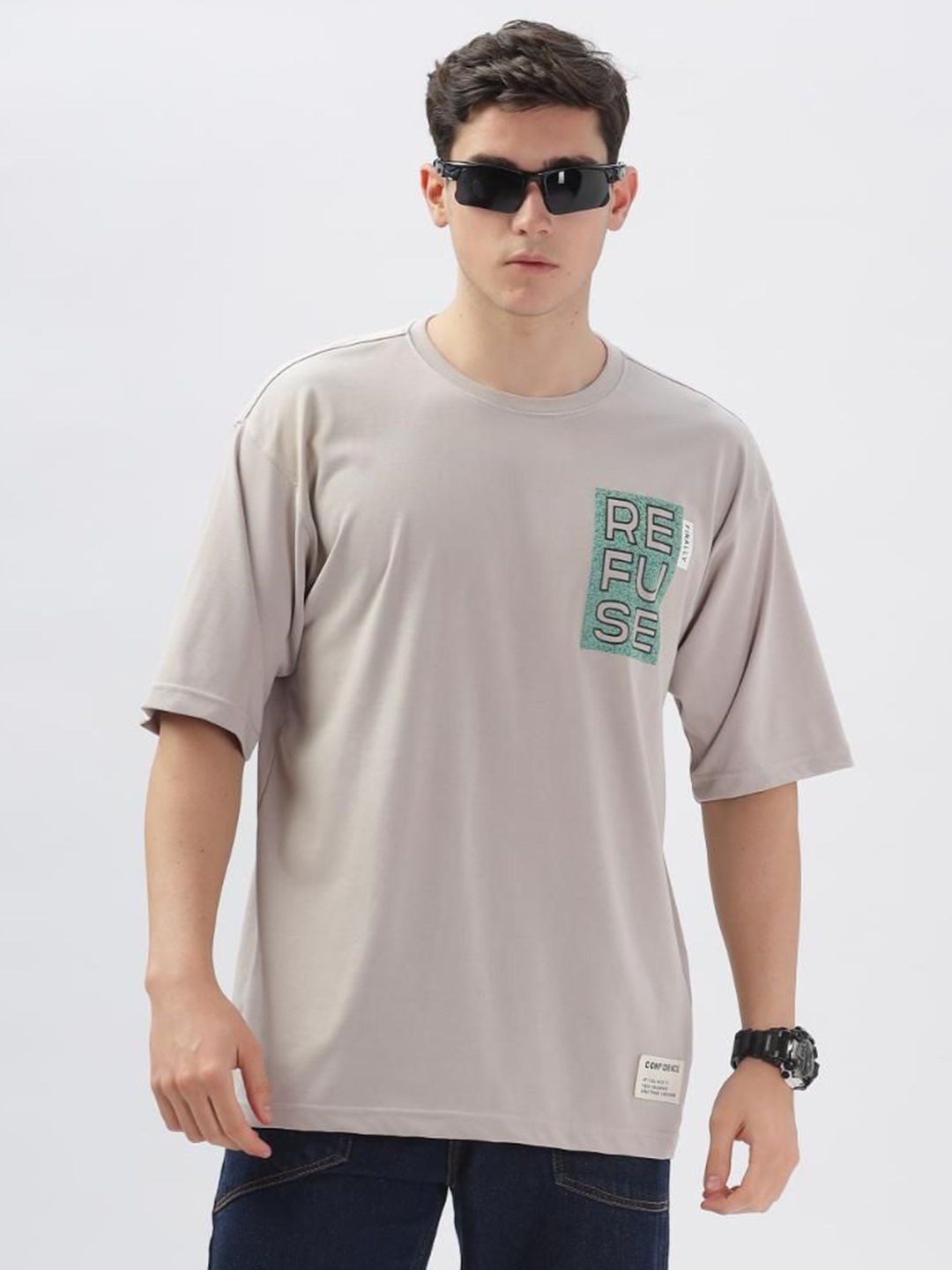 

COLOR HUNT Men Typography Printed Round Neck Cotton Oversized T-shirt, Cream