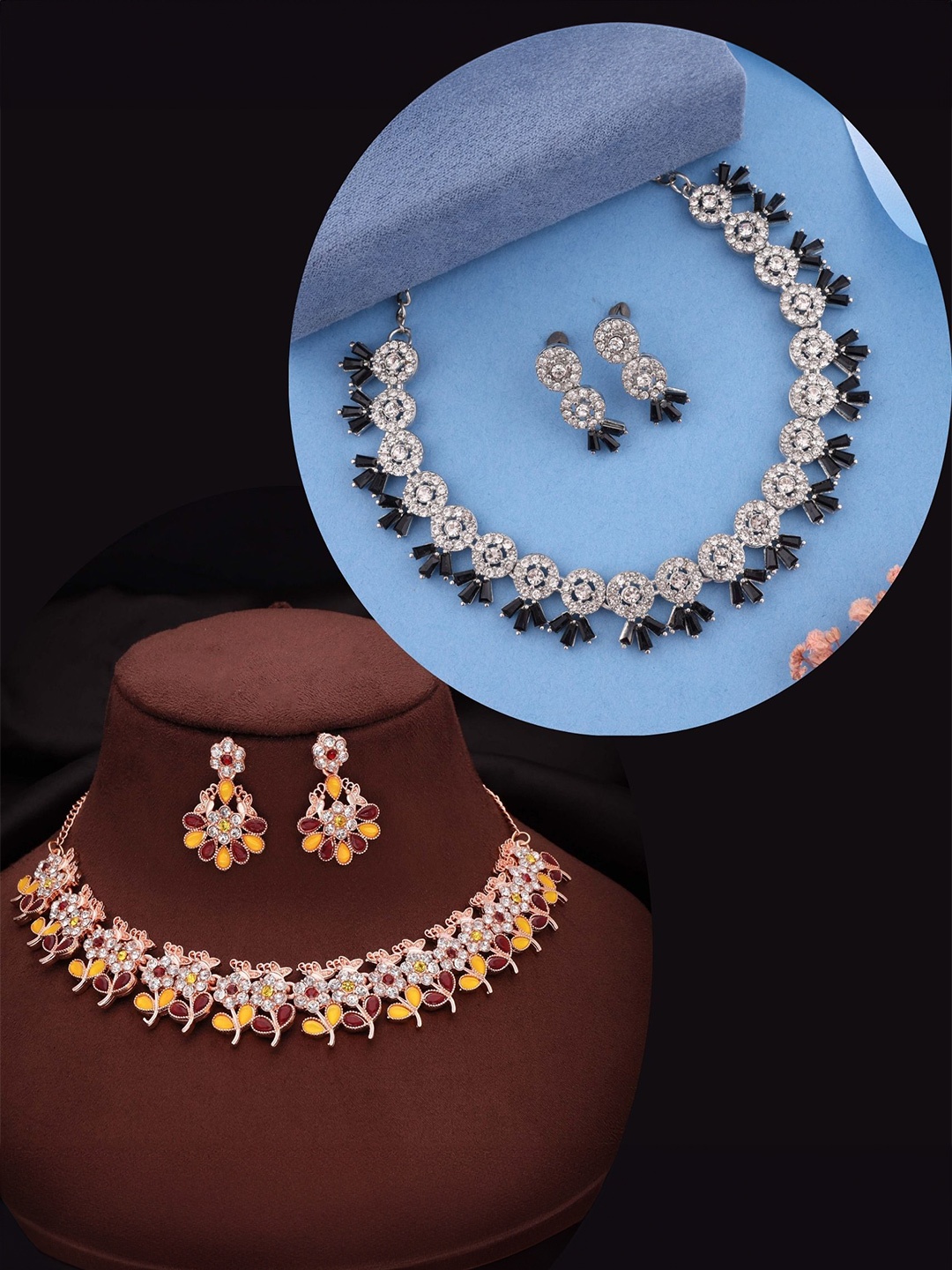 

DIVASTRI Set Of 2 Rose Gold & Silver-Plated American Diamonds Studded Jewellery Set