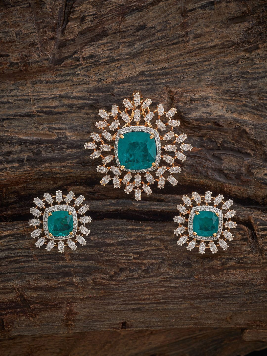

Kushal's Fashion Jewellery Green Rhodium Gold-Plated Party Zircon Pendant Set