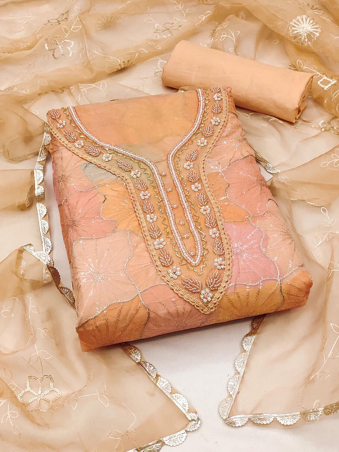 

SAINOOR Floral Embroidered Sequinned Organza Semi-Stitched Dress Material, Orange