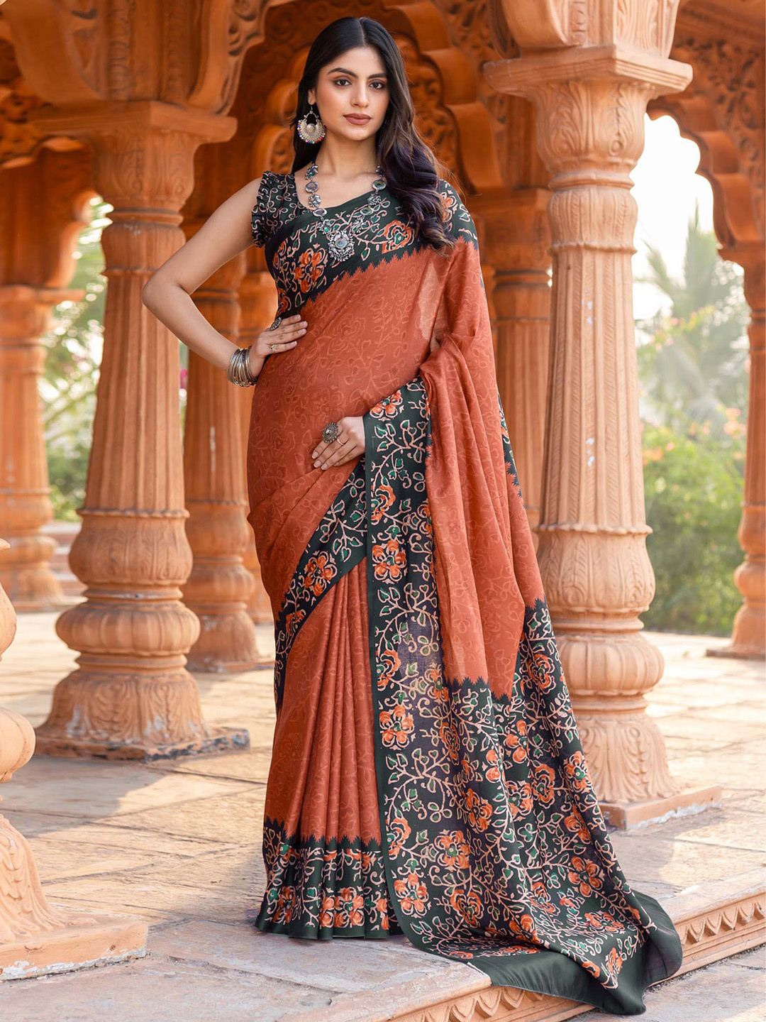 

Mitera Floral Silk Blend Pochampally Saree, Orange