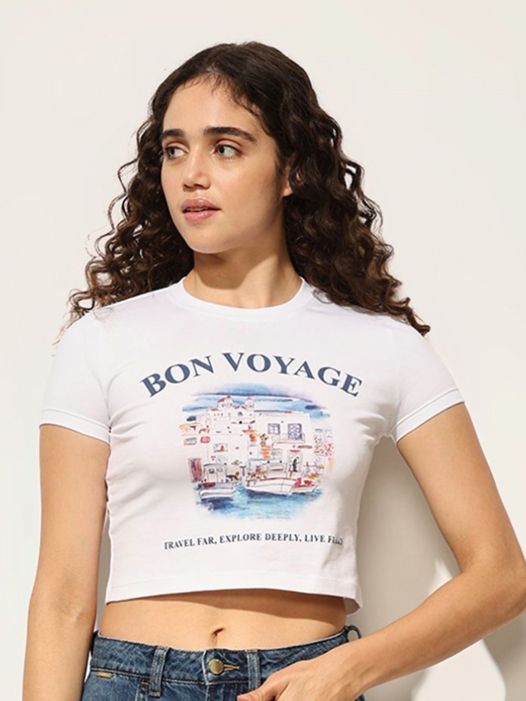 

ONLY Women Graphic Printed Round Neck Cotton Slim Fit T-shirt, White