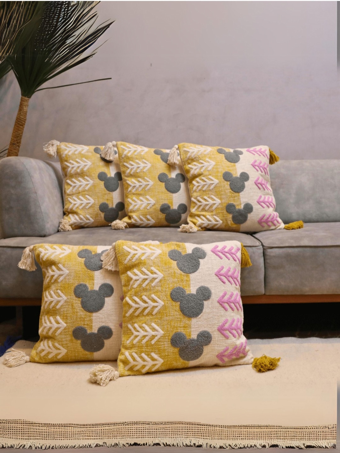 

LUSHLYF Tufted Yellow 5 Pieces Cartoon Characters Textured Cotton Square Cushion Covers