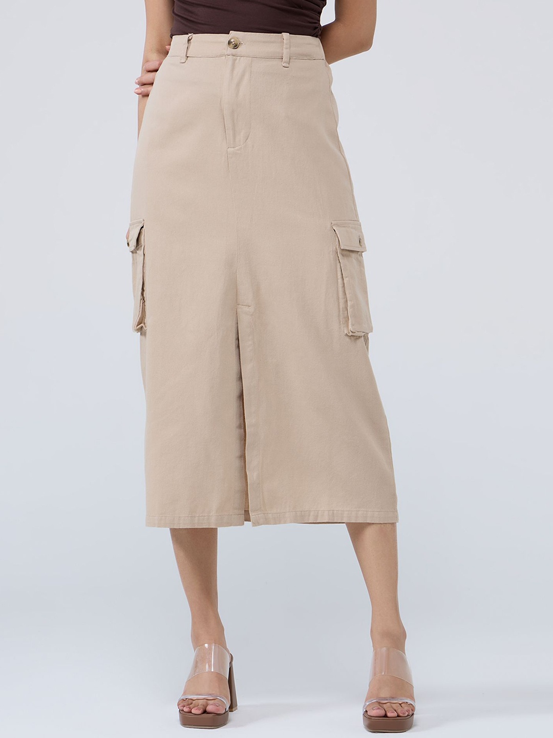 

20Dresses High Waist Front Slit Cargo Midi Skirt, Beige