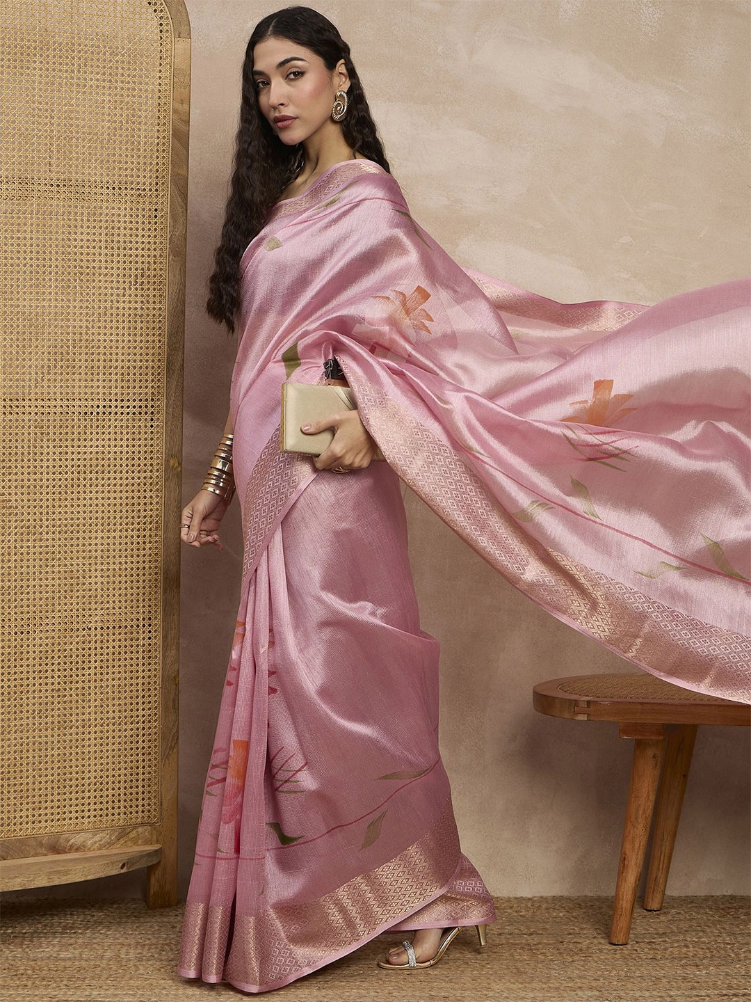 

all about you Women Zari Silk Cotton Block Print Saree, Pink