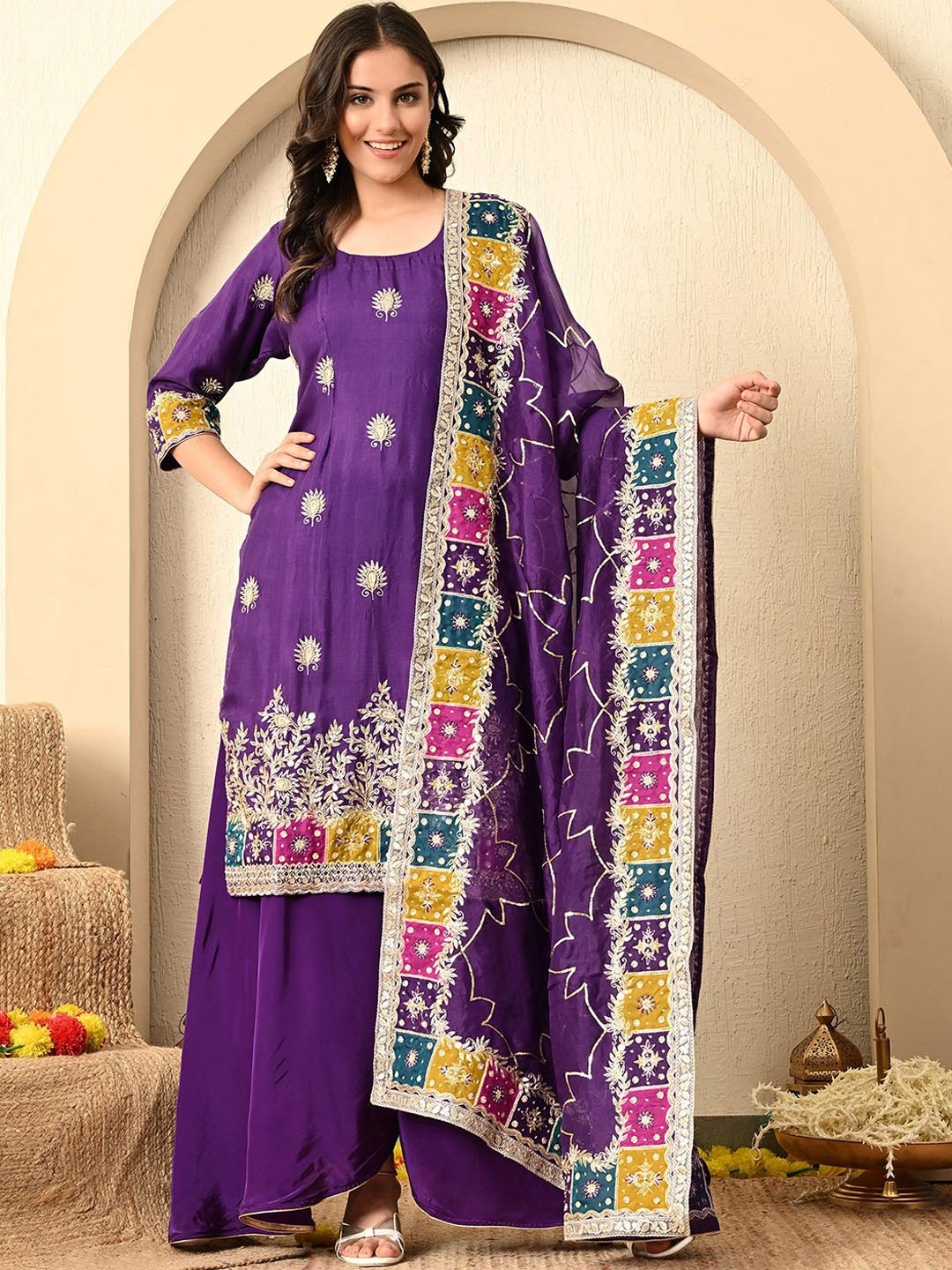 

ZARIKALI Floral Embroidered Organza Zardozi Work Straight Kurta With Sharara & Dupatta, Purple