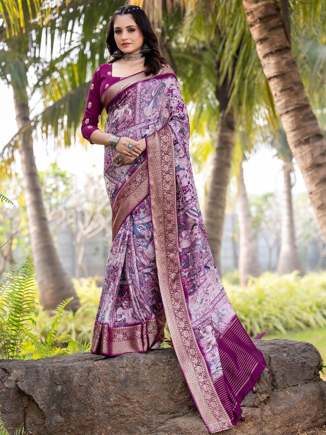 

Anouk Kalamkari Zari Sungudi Saree, Purple