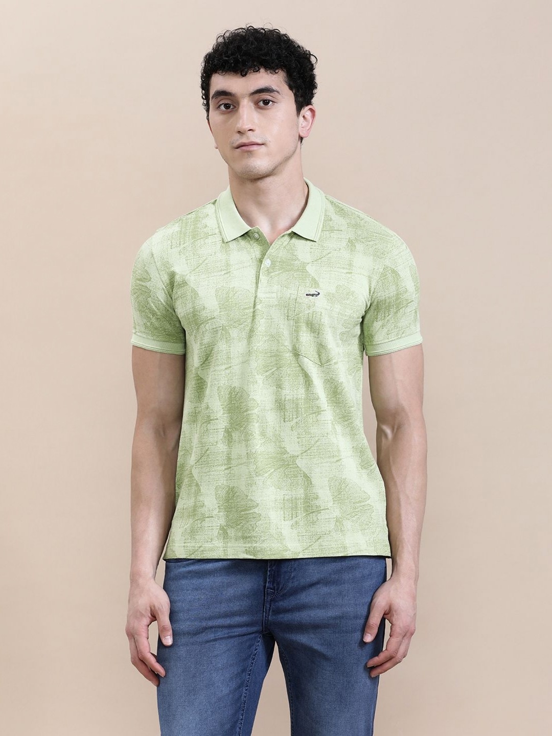 

Crocodile Men All Over Leaf Print Slim Fit Polo T-shirt, Blue