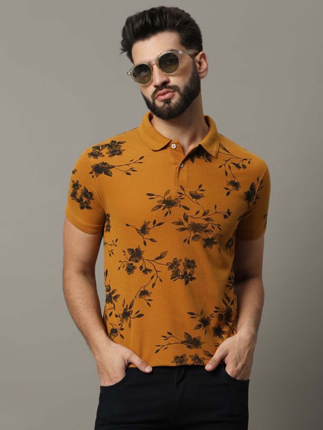 

R.ARHAN PREMIUM Men Floral Printed Polo Collar Cotton T-shirt, Mustard