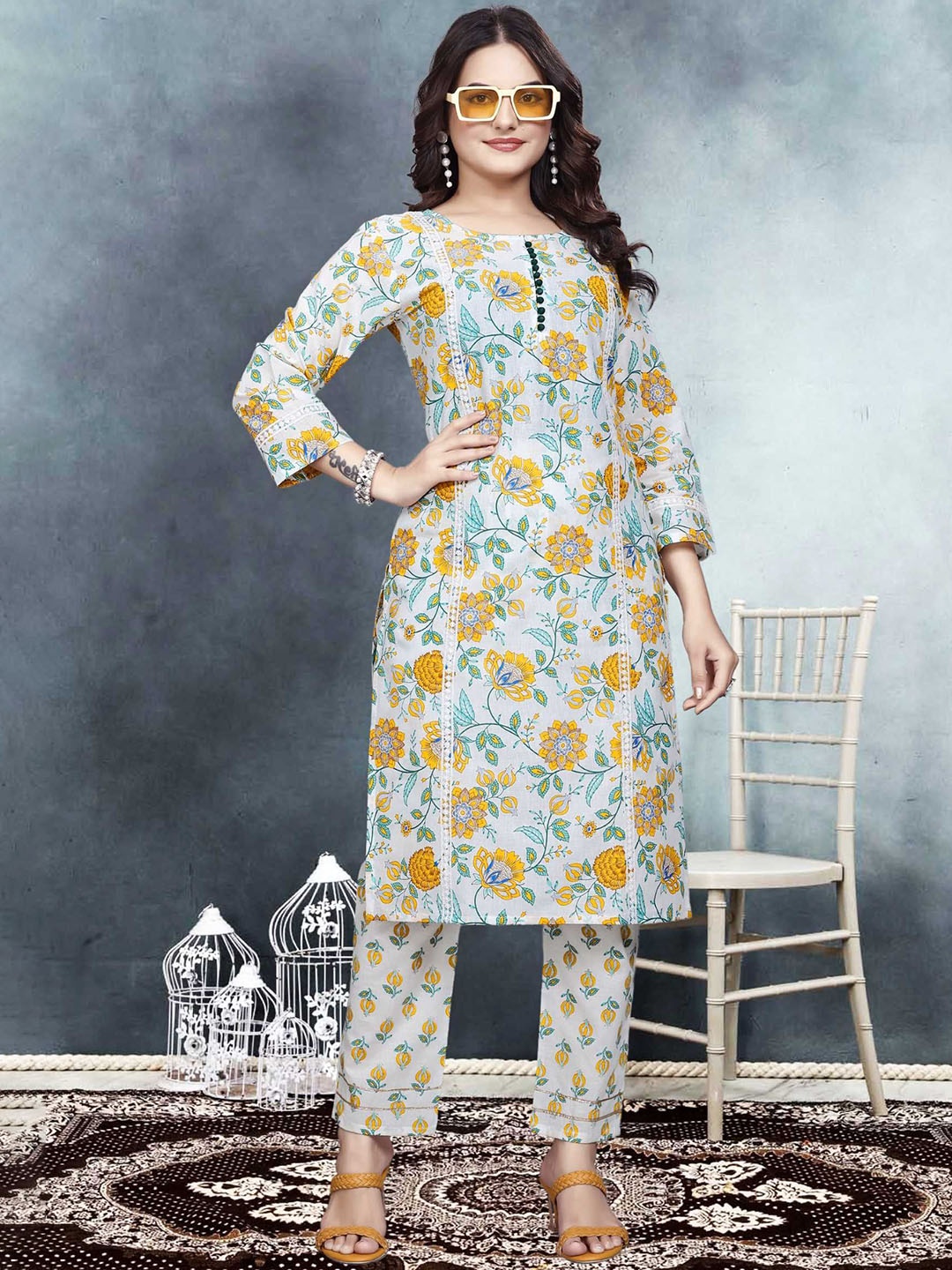 

LeeliPeeri Designer Floral Printed Pure Cotton Straight Kurta With Trouser, Yellow