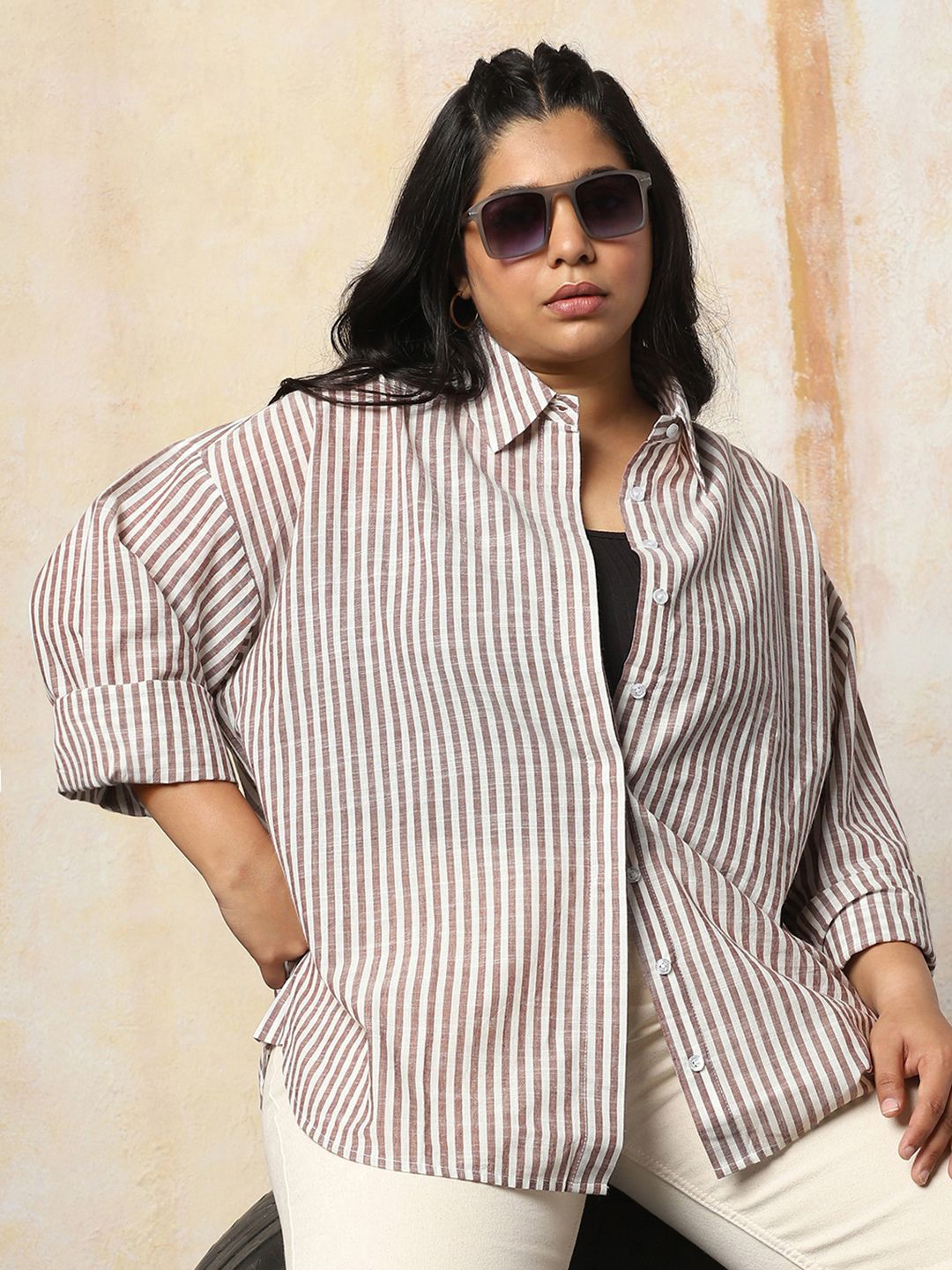 

Freeform by High Star Women Oversized Fit Opaque Casual Cotton Striped Shirt, Brown