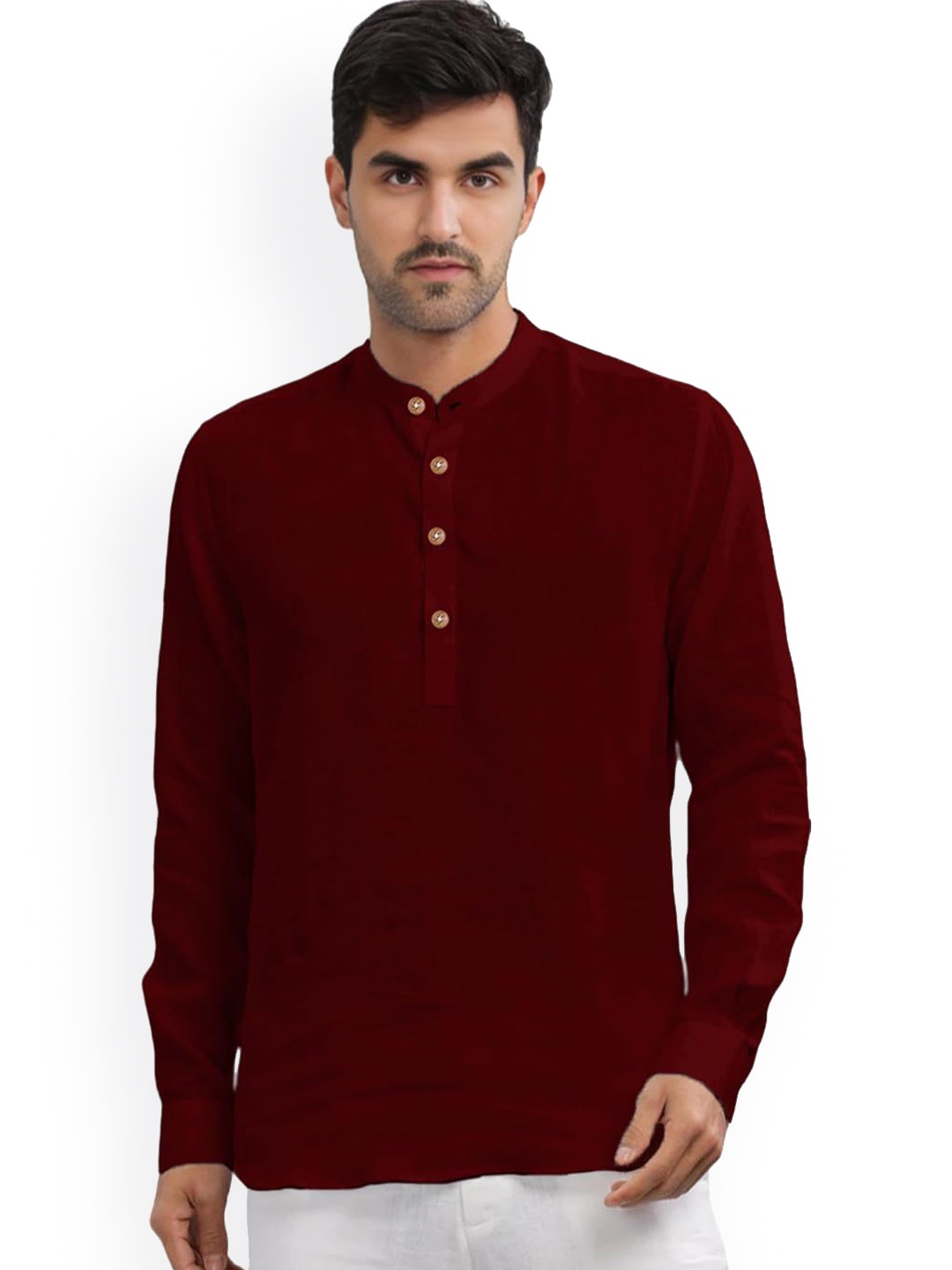 

Vida Loca Band Collar Pure Cotton Straight Short Kurta, Maroon