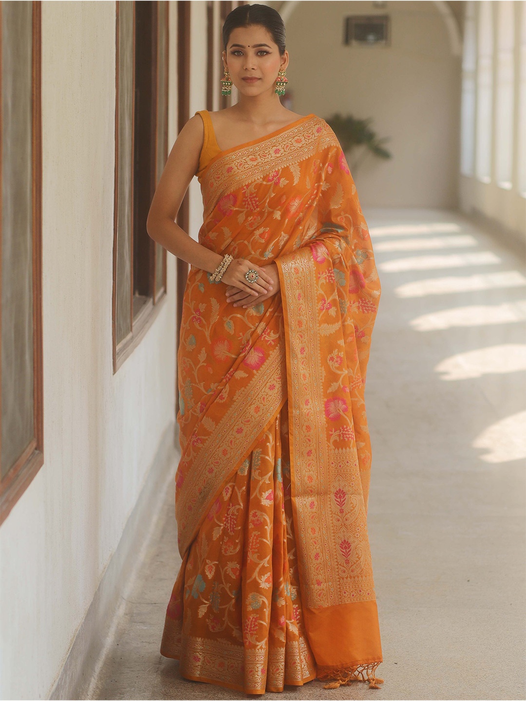 

Banarasee Ethnic Motifs Zari Poly Georgette Banarasi Saree, Mustard