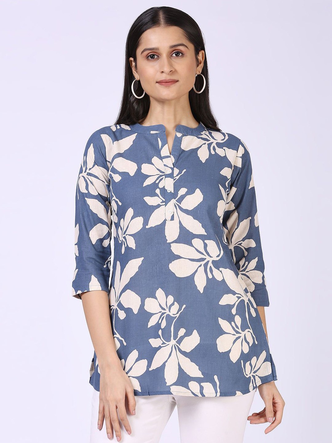 

STUNICS Women Floral Print Mandarin Collar Linen Top, Blue