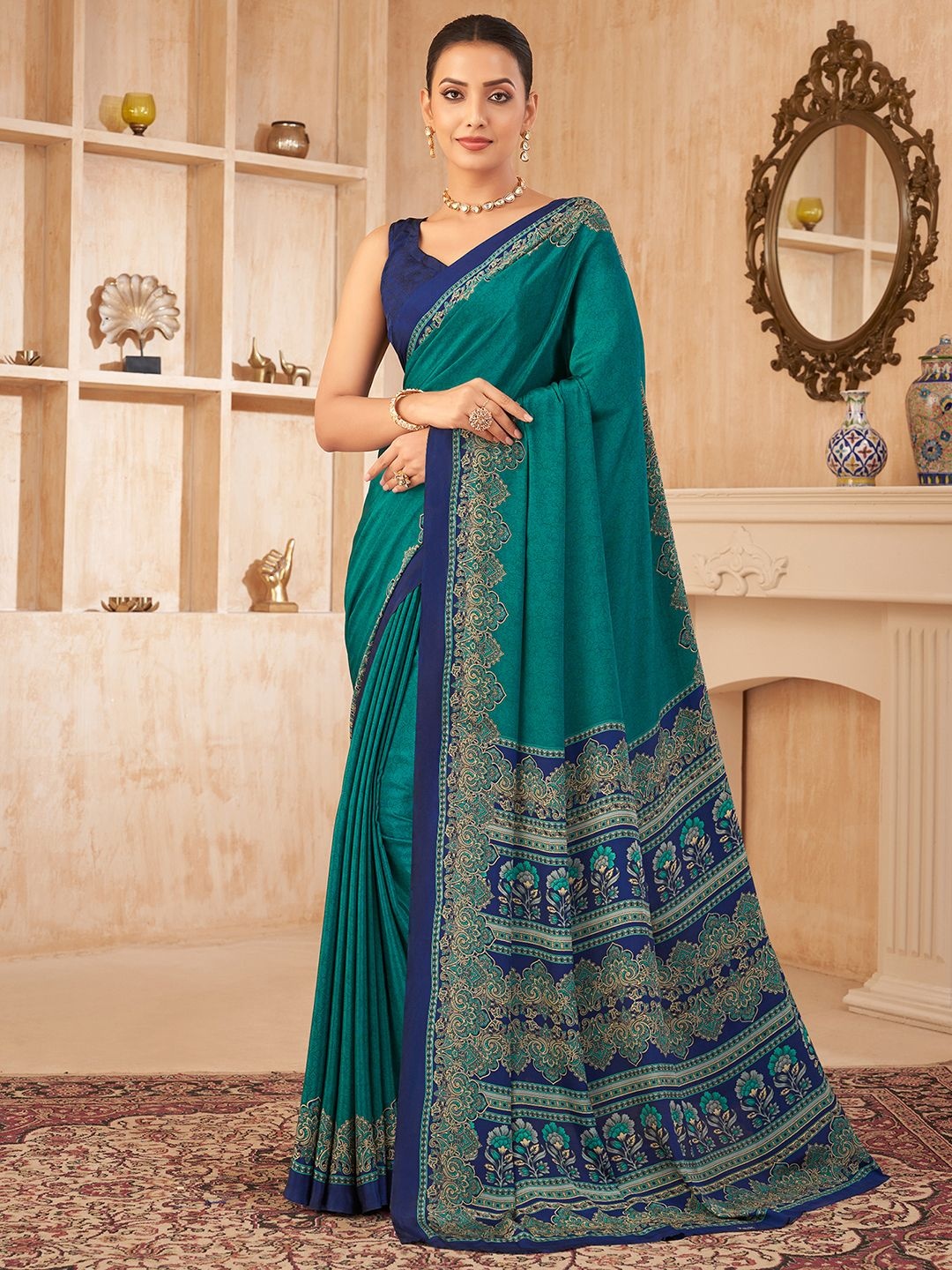 

Mitera Floral Silk Blend Jamdani Saree, Blue