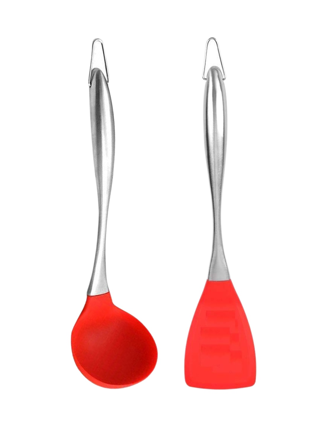 

Baskety Red & Steel 2 Pieces Laddle Scoop With Plain Slotted Spatula