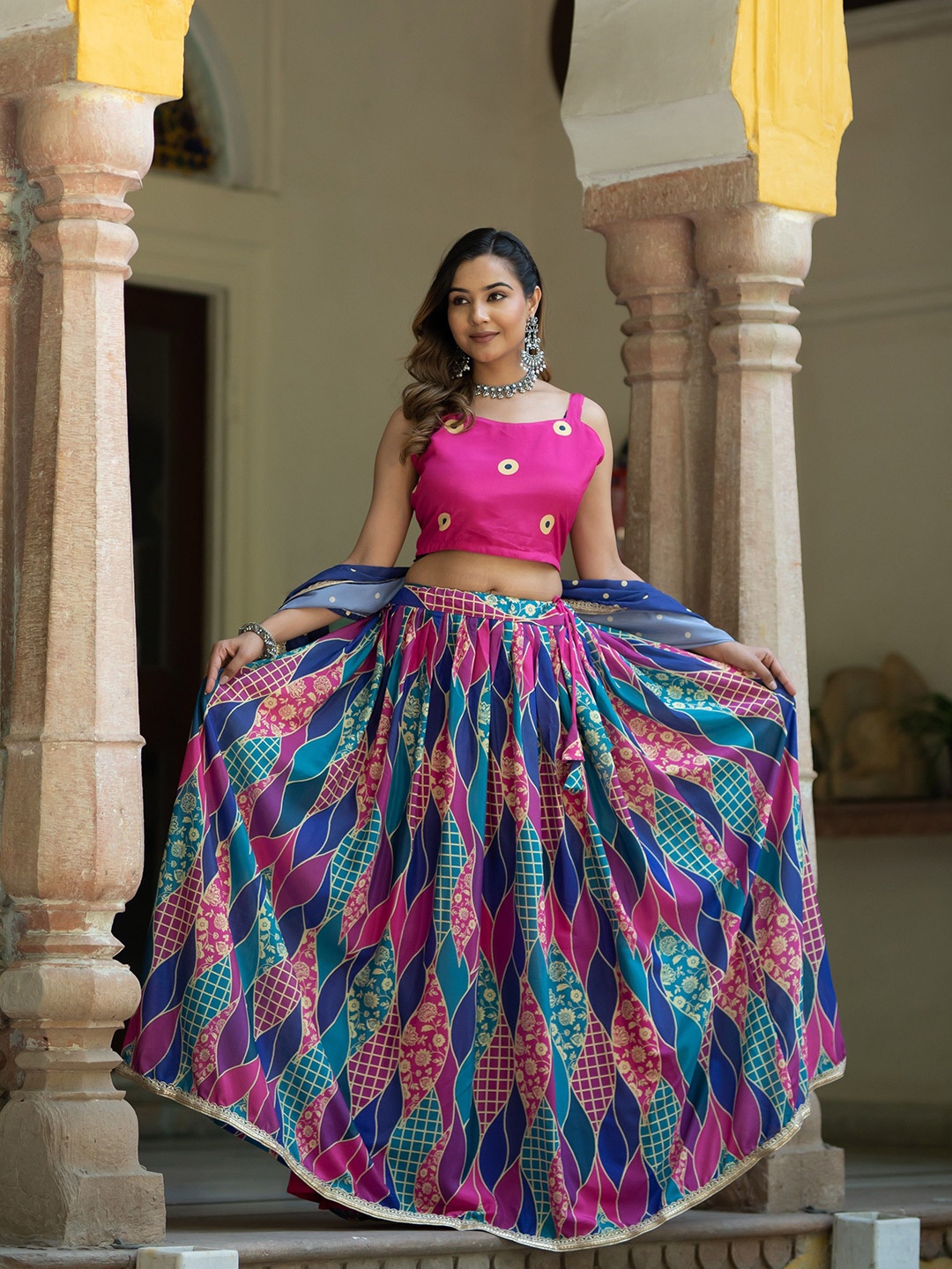 

TASRIKA Printed Semi-Stitched Lehenga & Unstitched Blouse With Dupatta, Pink