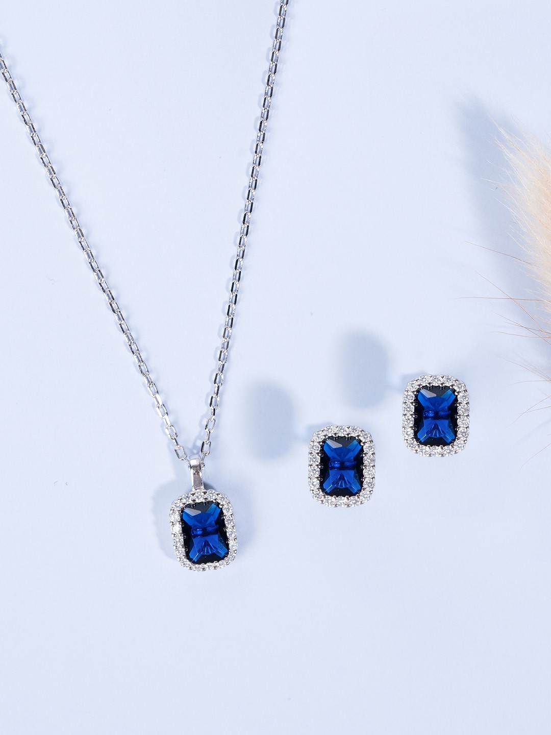 

GLYTERS 925 Sterling Silver Rhodium Plated Artificial Stone-Studded Jewellery Set
