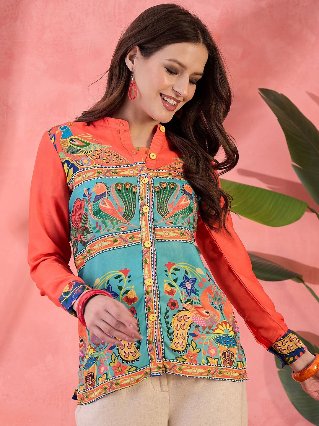 

Sangria Ethnic Motifs Printed Mandarin Collar Shirt Style Tunic, Orange