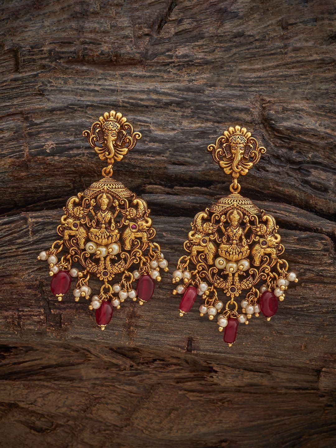 

Kushal's Fashion Jewellery Gold Plated Ruby Studded Antique Classic Drop Earrings