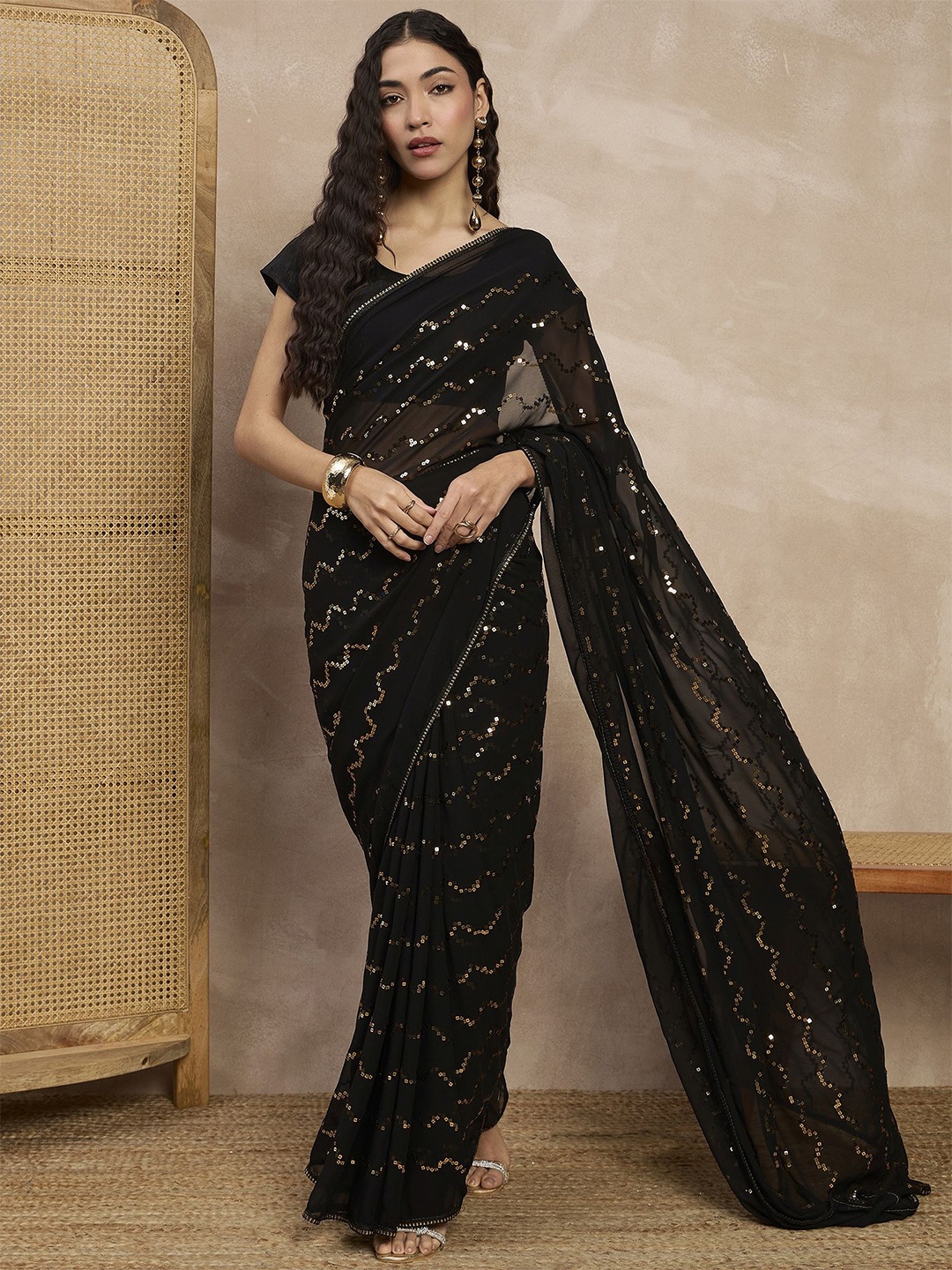 

all about you Embellished Sequinned Pure Georgette Saree, Black