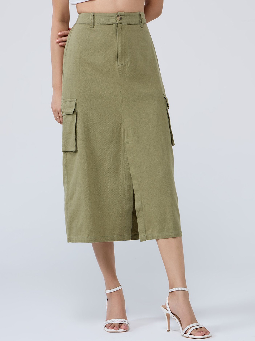 

20Dresses Pure Cotton High Waist Front Slit Utility Cargo Midi Skirt, Olive