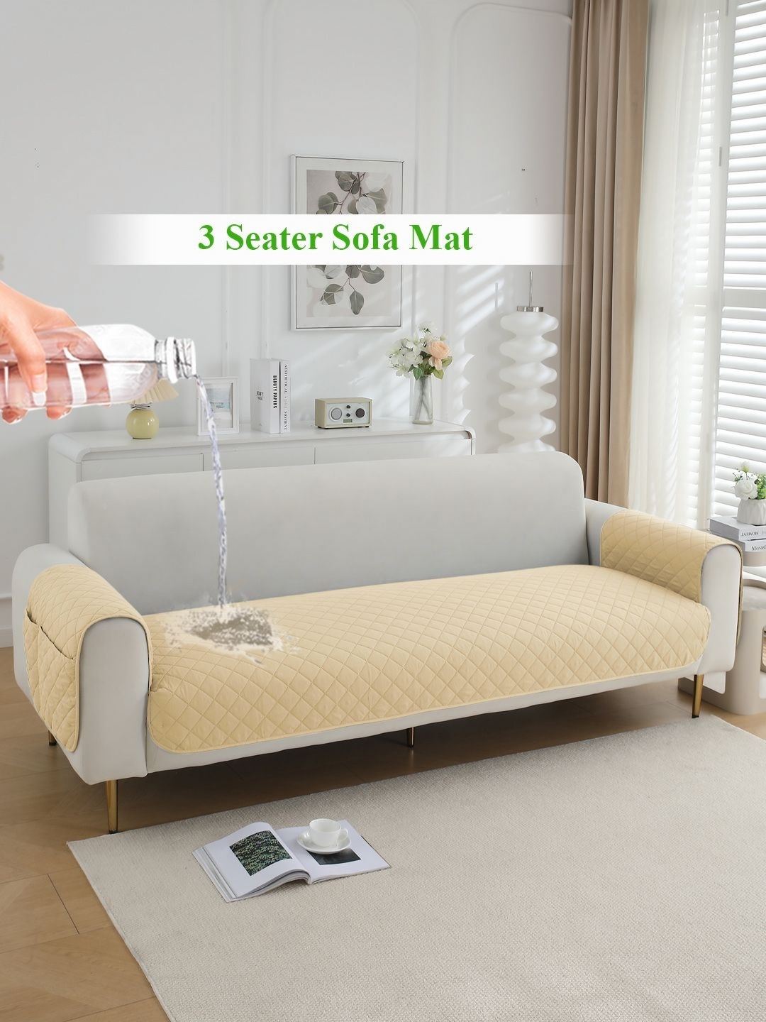 

HOKIPO Beige Quilted Waterproof 3 Seater Sofa Seat Mat & 2 Armrest Covers
