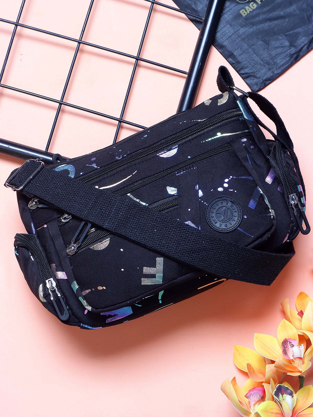 

Bag Pepper Printed Bucket Sling Bag with Cut Work, Black