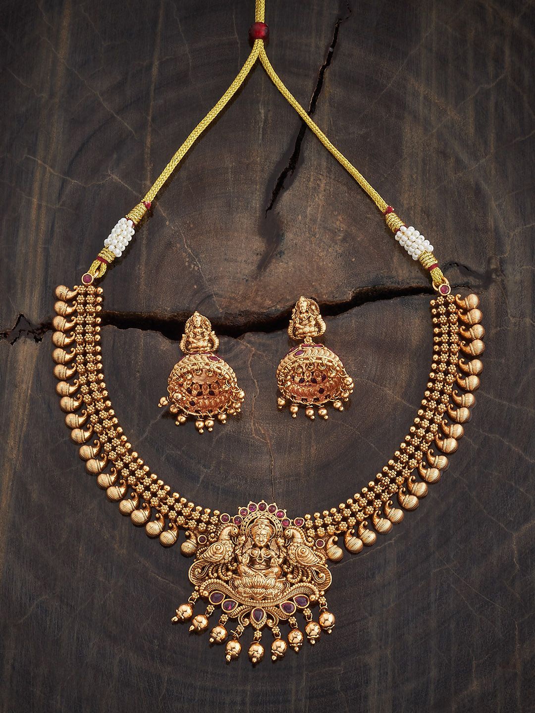 

Kushal's Fashion Jewellery Gold-Plated Ruby Studded Antique Jewellery Set