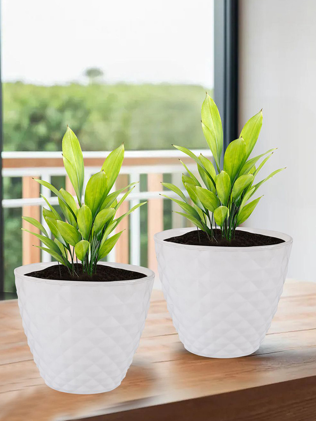 

Kuber Industries White 2 Pieces Diamond Pattern Flower Pots for Garden