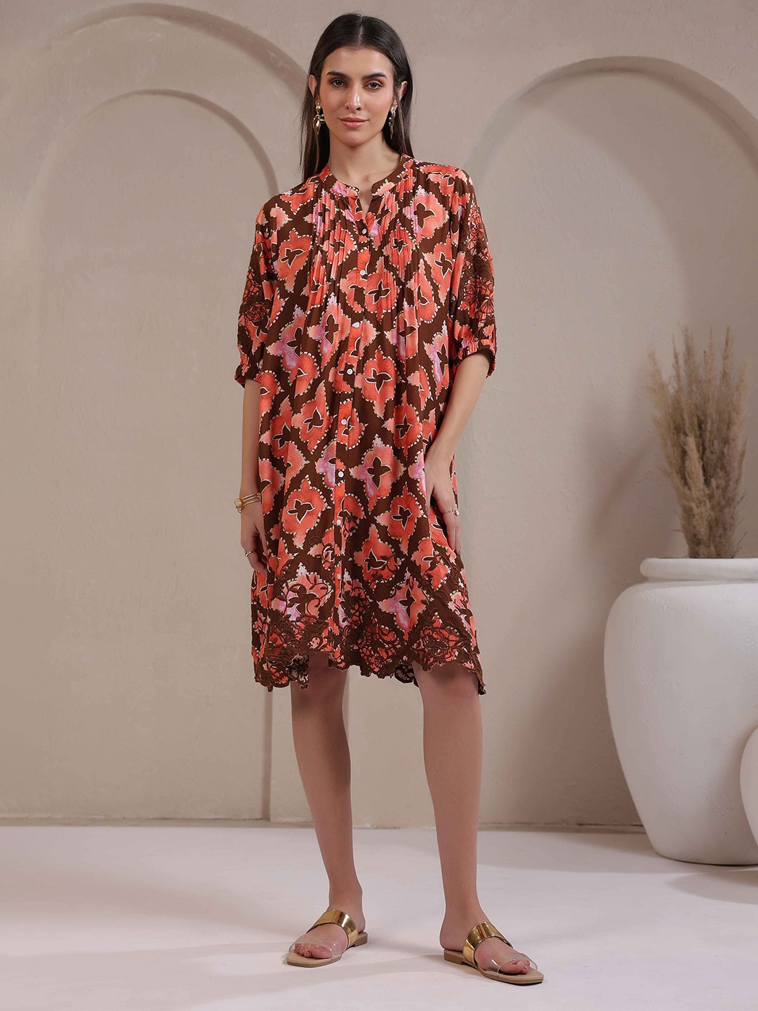 

Nyaro Women Orange Embroidered & Beads Work Rayon Knee Length Dress