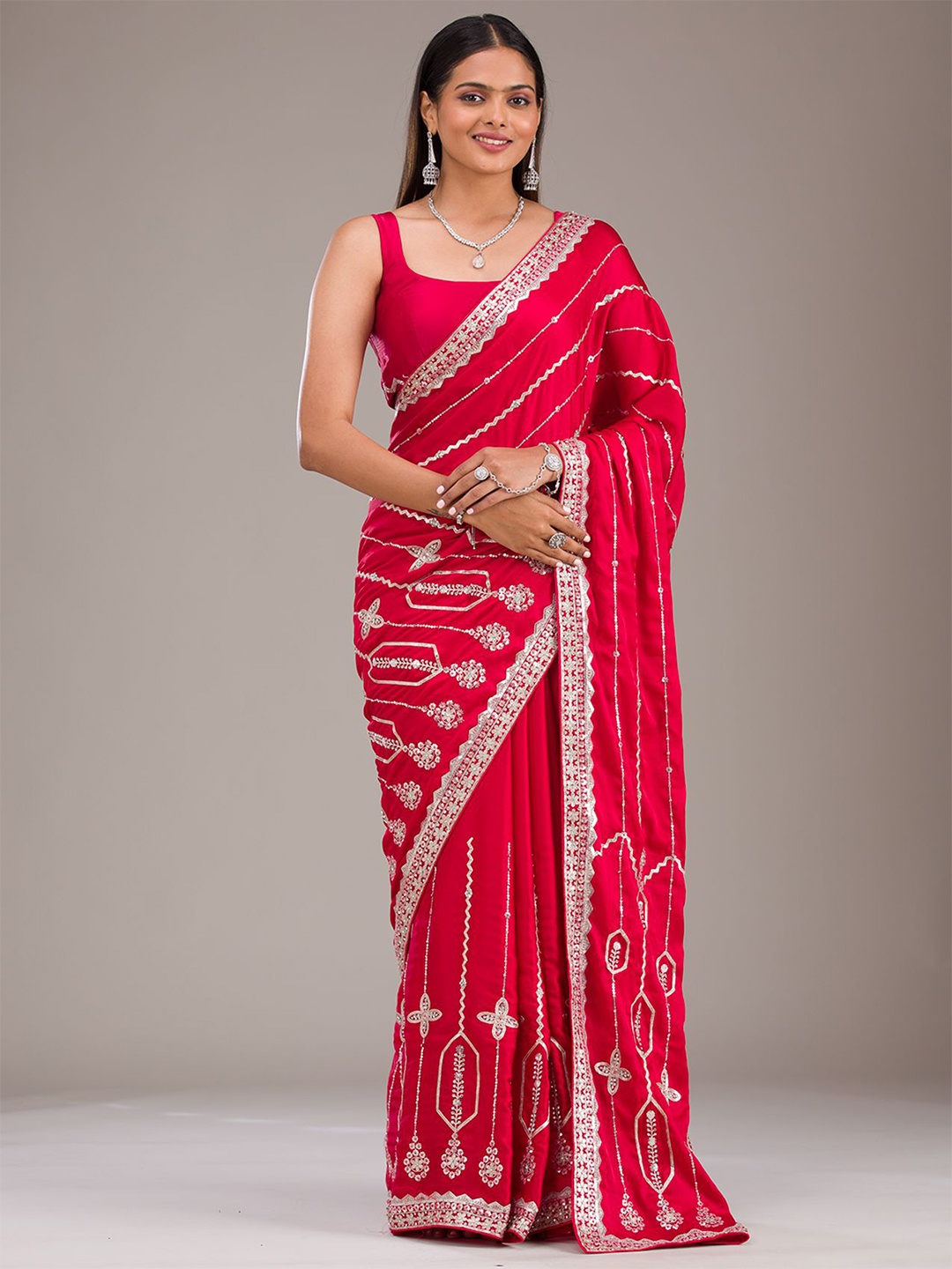 

Koskii Red Zariwork Satin Saree