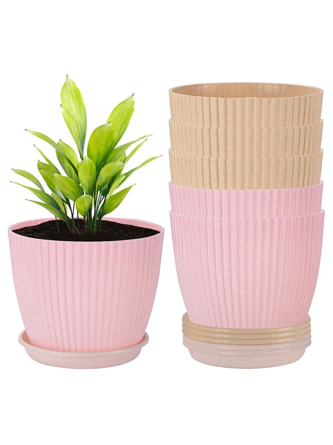 

Kuber Industries Pink & Beige 6 Pieces Textured Planters With Tray