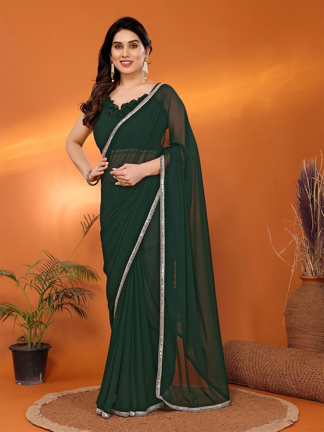 

Munir Mirror Work Poly Georgette Saree, Green
