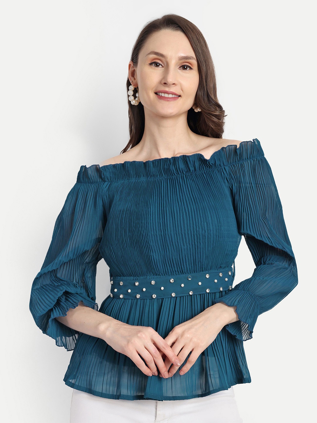 

HAUTEMODA Women Off-Shoulder Accordion Pleats Peplum Georgette Top with Embellished Belt, Teal
