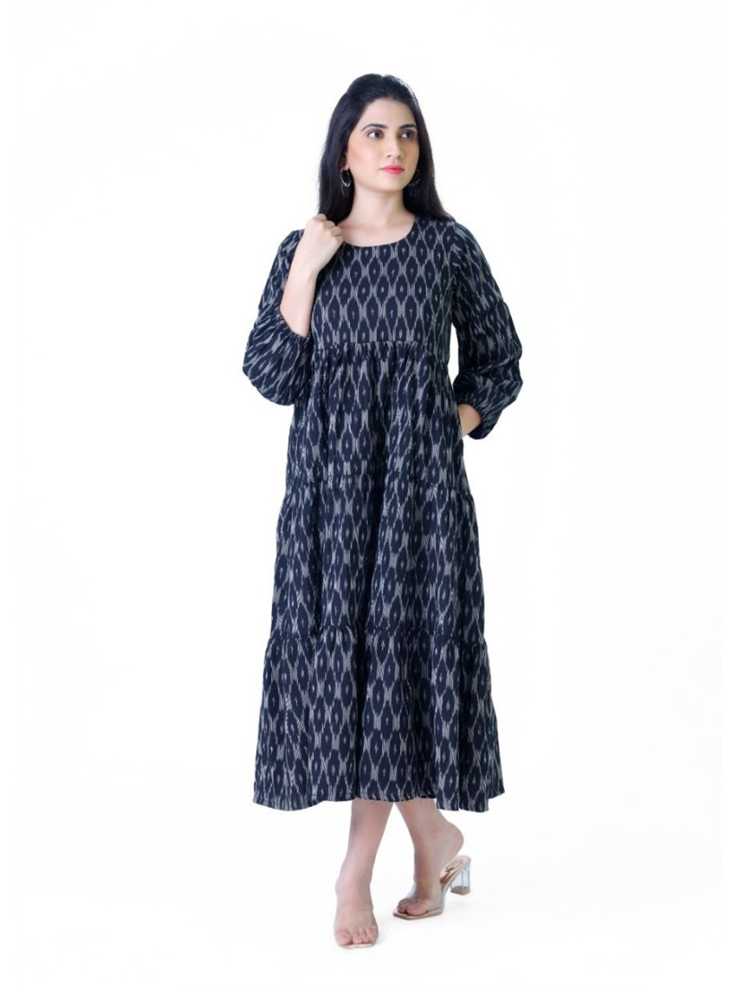

Silselah Women Printed A-Line Midi Ethnic Dress, Black