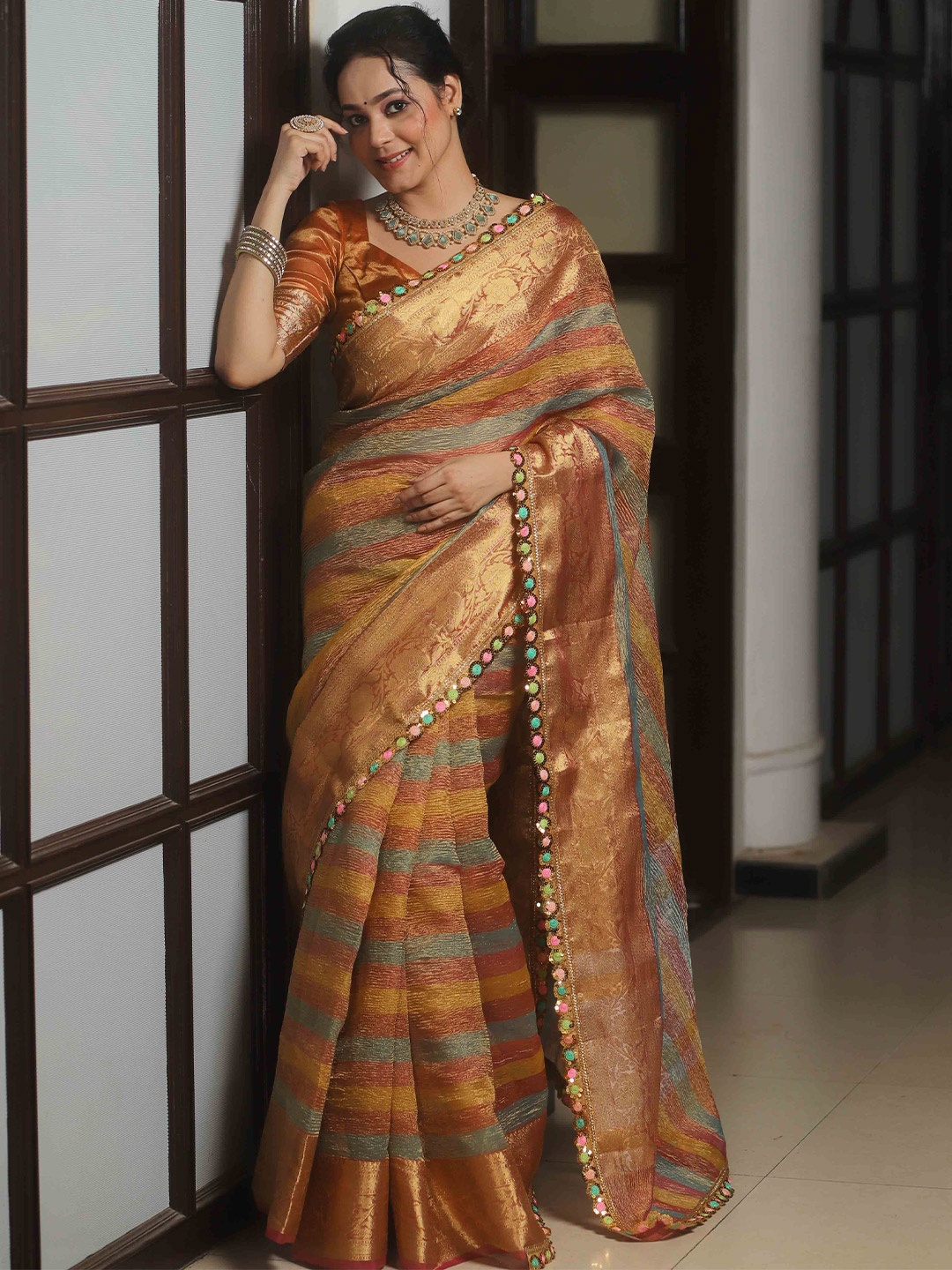 

Banarasee Striped Zari Tissue Banarasi Saree, Blue