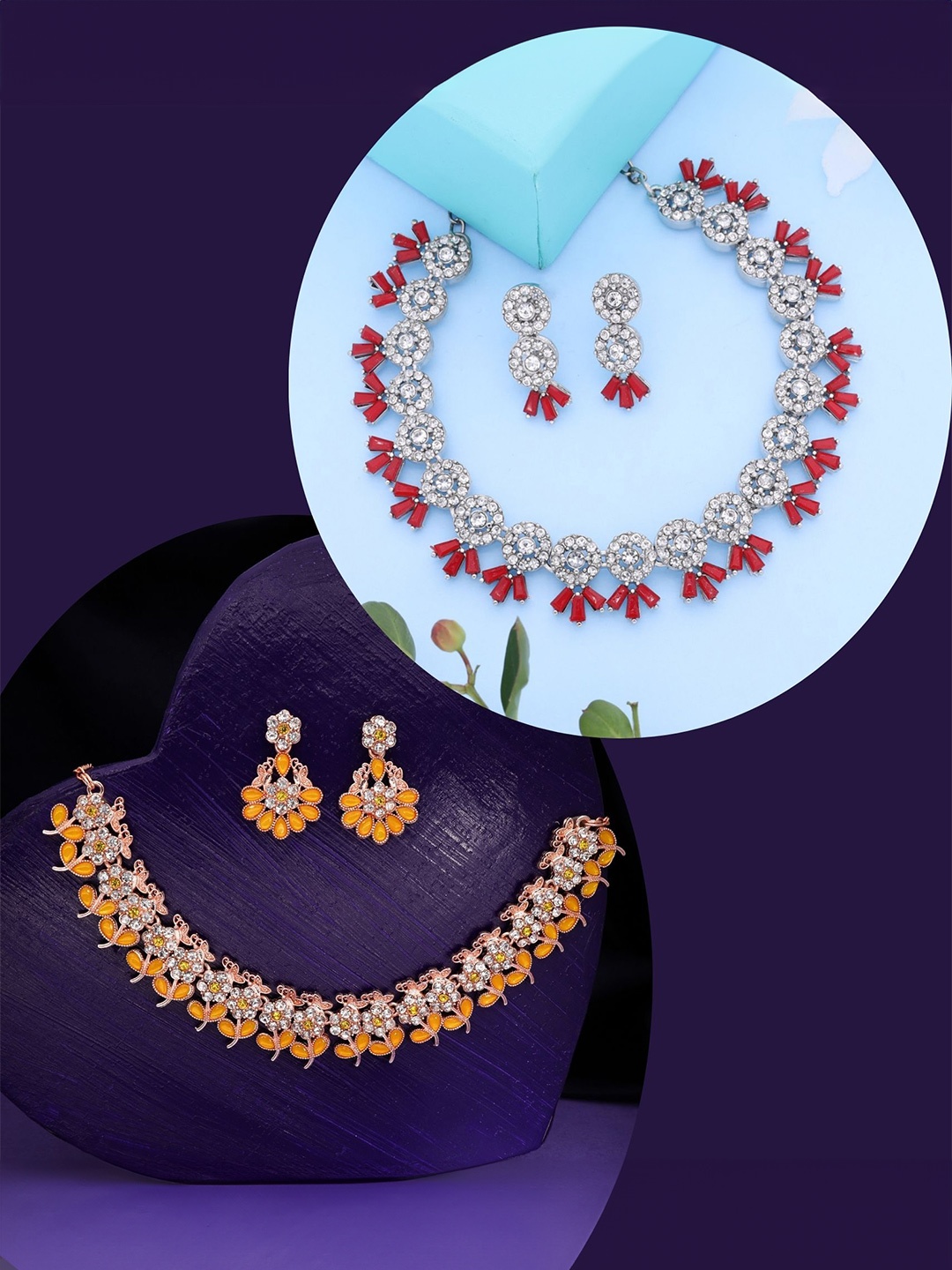 

DIVASTRI Set Of 2 Silver-Plated AD Stone Studded Jewellery Set