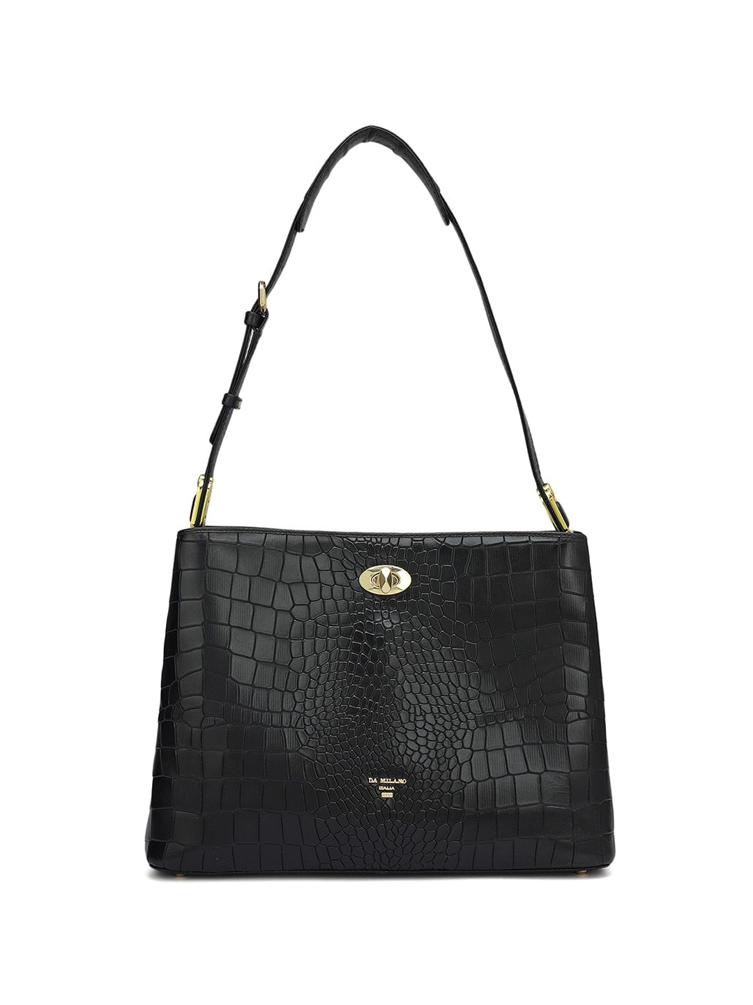 

Da Milano Textured Leather Structured Shoulder Bag with Quilted, Black