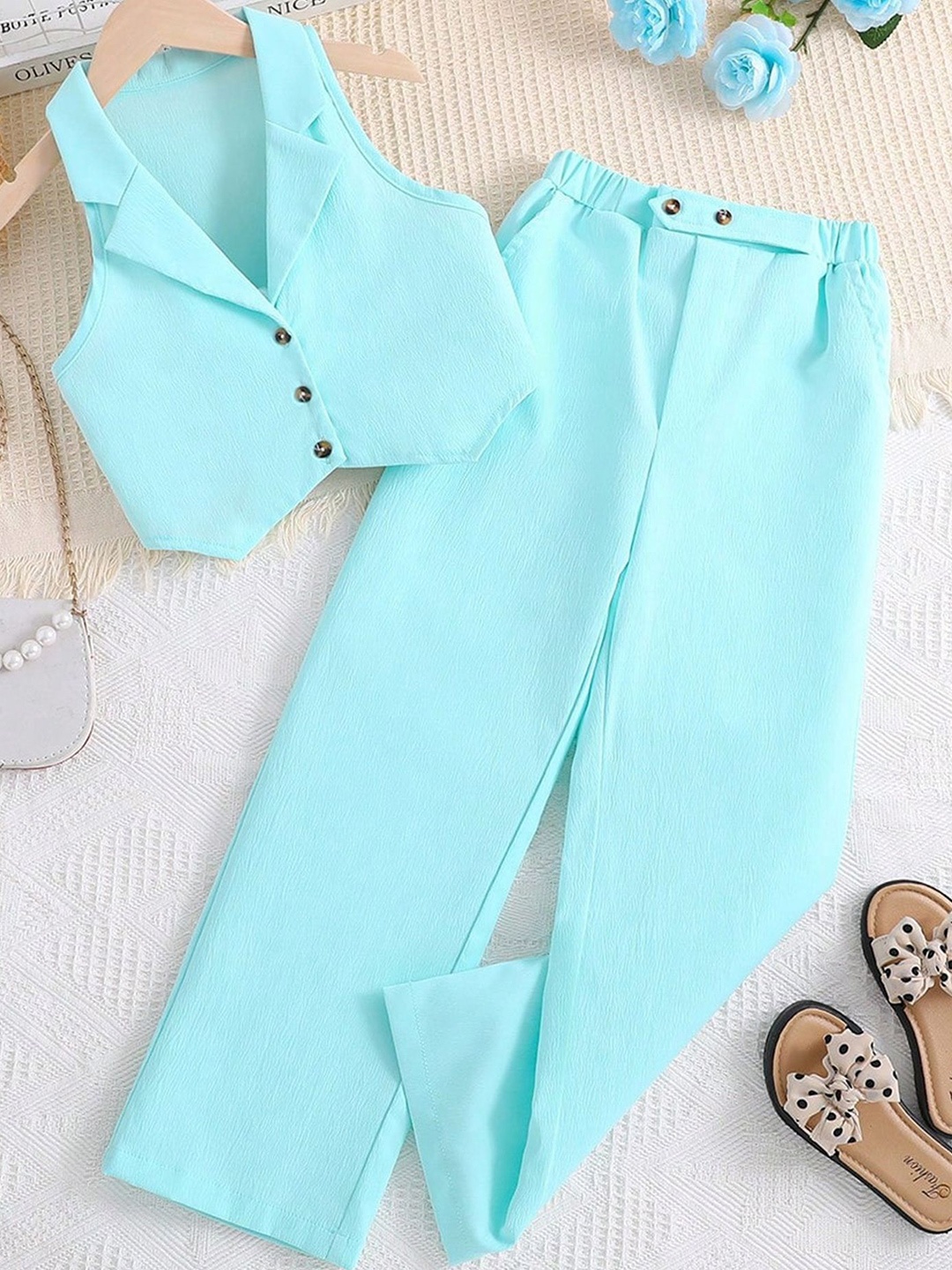 

LULU & SKY Girls Shirt Collar Sleeveless Top With Trousers, Blue