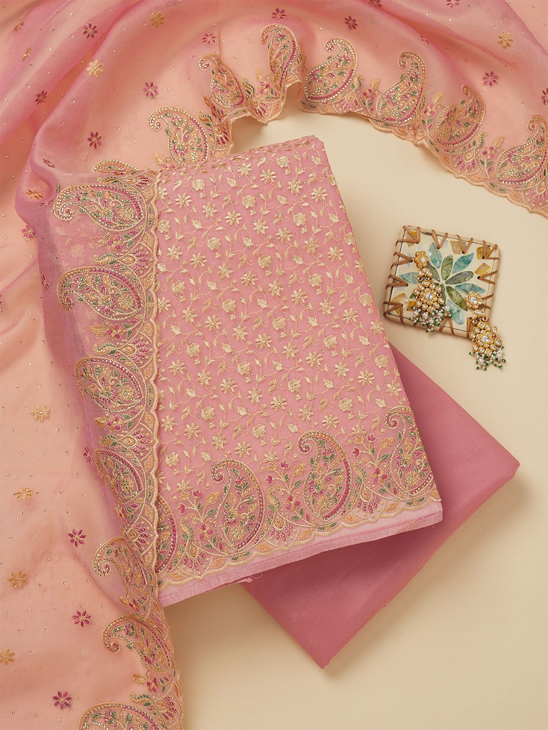 

Koskii Floral Embroidered Thread work Organza Unstitched Dress Material, Pink