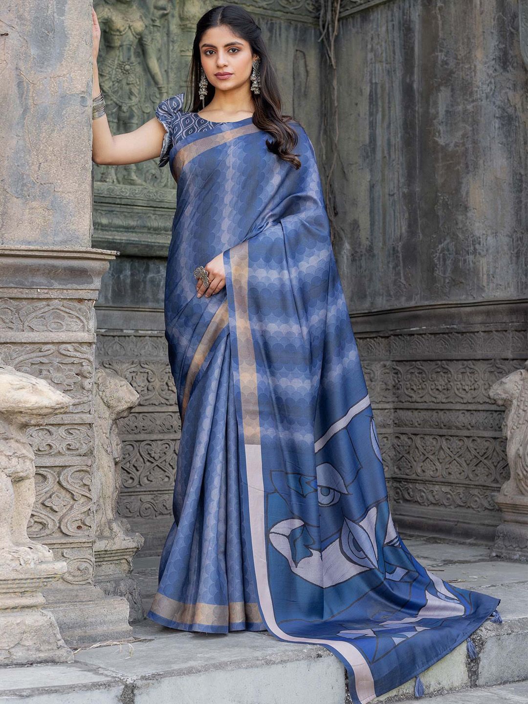 

Mitera Silk Blend Block Print Saree, Blue