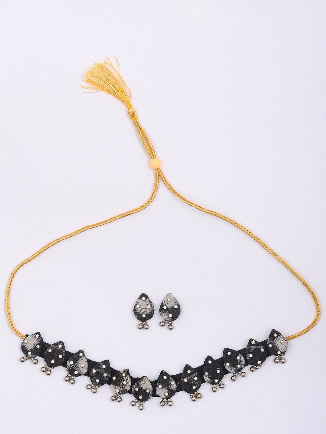 

Exotic India Stone Studded Handloom Sambalpuri Fabric Choker and Earrings Set, Gold