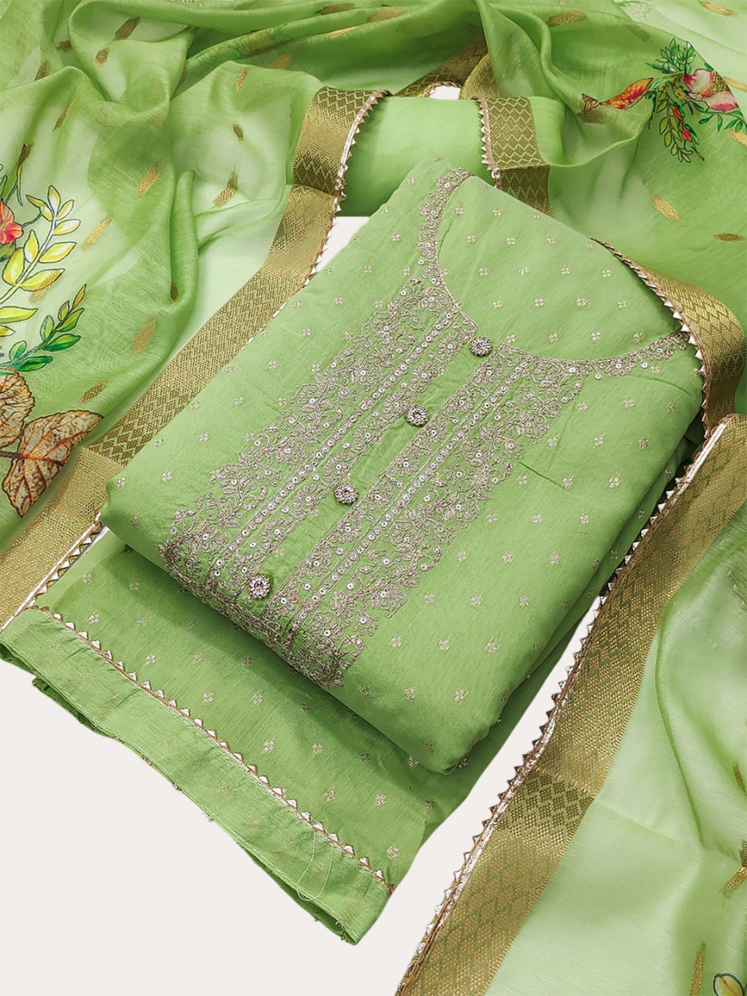 

Riti Ethnic Motifs Zari Embellished Unstitched Dress Material, Green